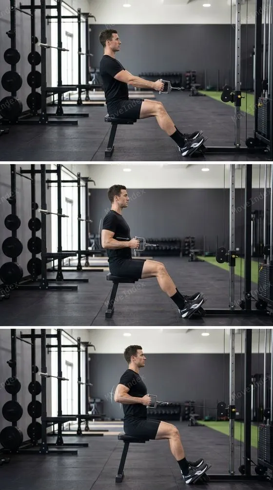 Seated Cable Row, male athlete, 3 sequential frames