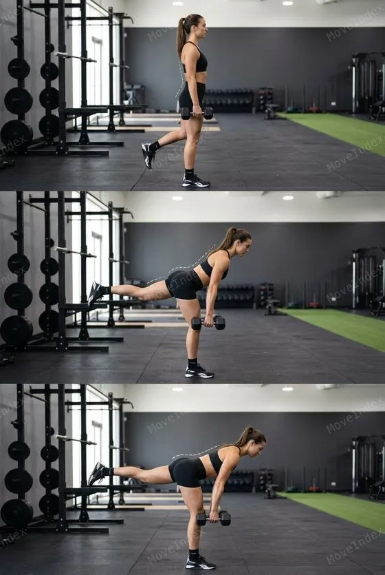 Single-Leg Romanian Deadlift (DB), female athlete, 3 sequential frames