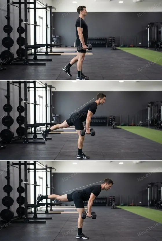 Single-Leg Romanian Deadlift (DB), male athlete, 3 sequential frames