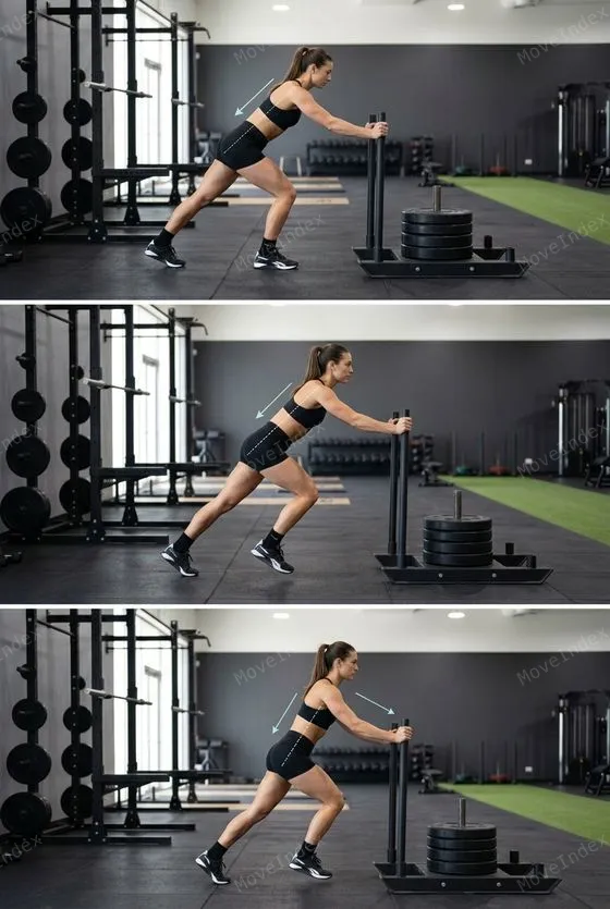 Sled Push, female athlete, 3 sequential frames