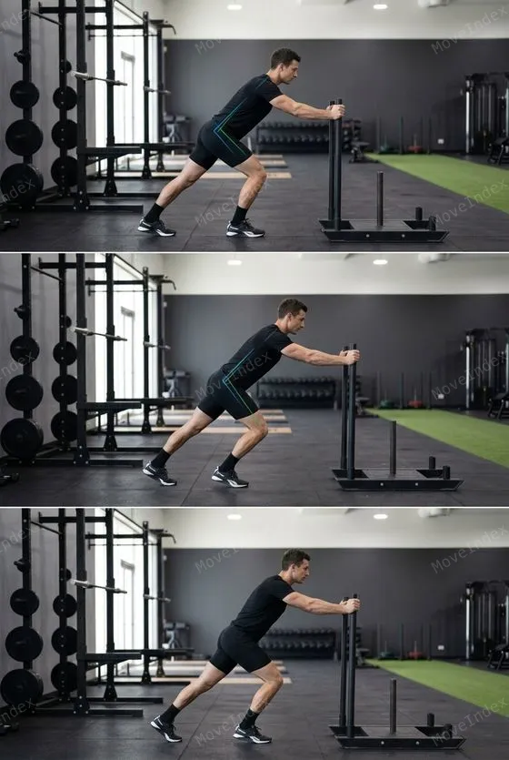 Sled Push, male athlete, 3 sequential frames