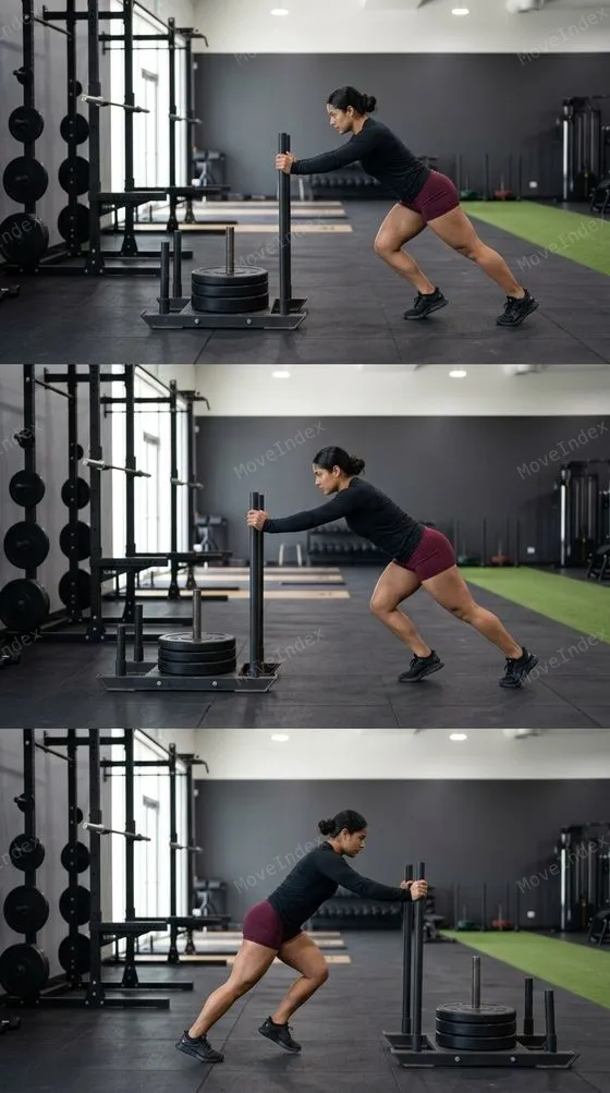 Sled Push (skill practice), female athlete, 3 sequential frames