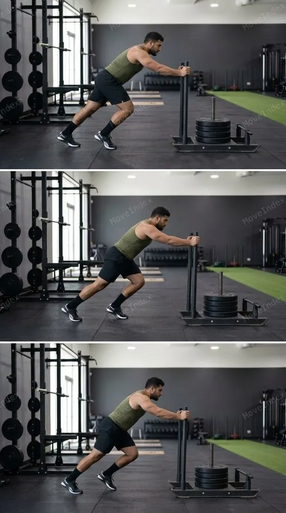 Sled Push (skill practice), male athlete, 3 sequential frames